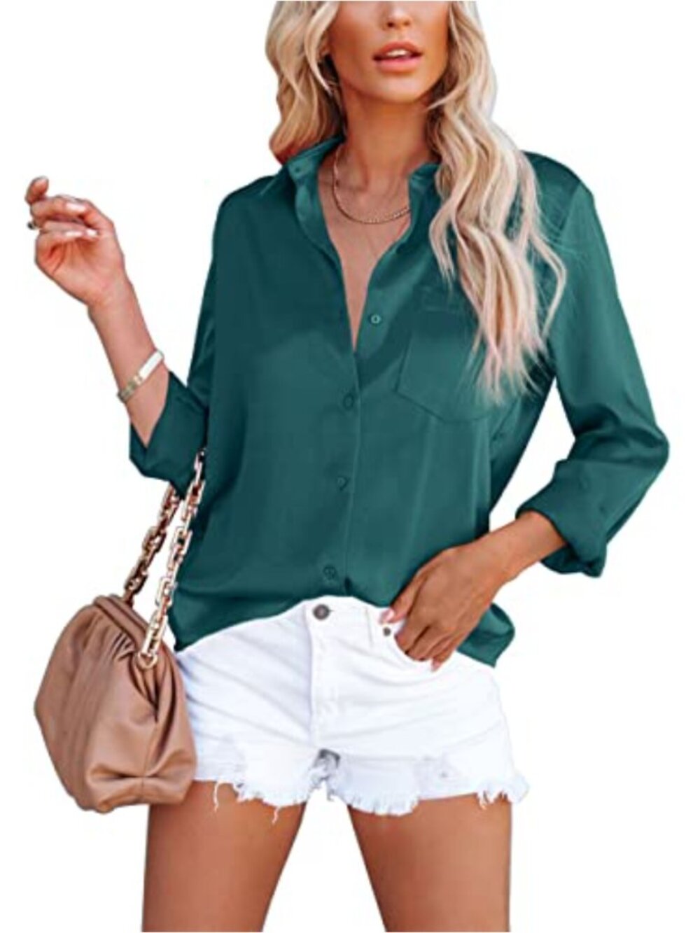 Satin Button Down Shirt V Neck Long Sleeve Casual Work Blouse with Pocket